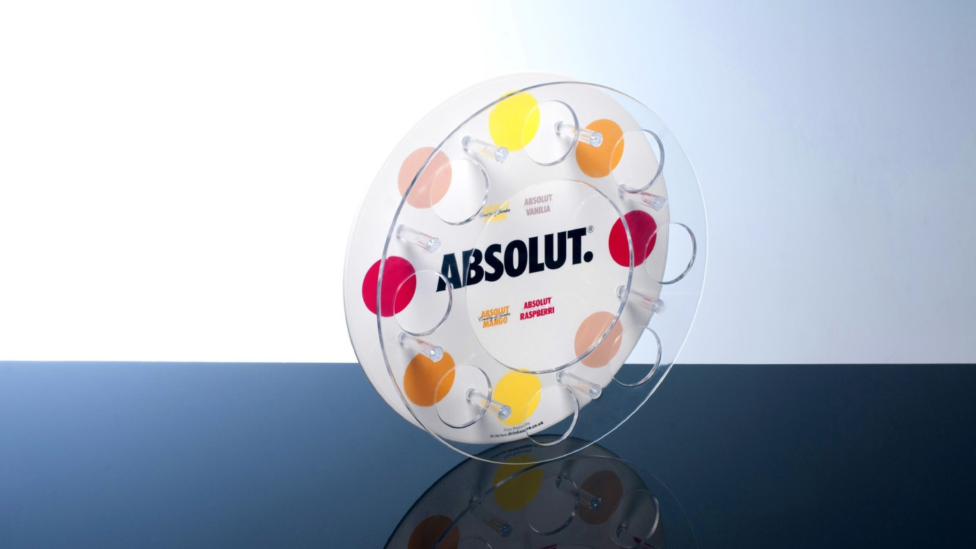Absolut vodka shot tray manufactured by Great Central Plastics